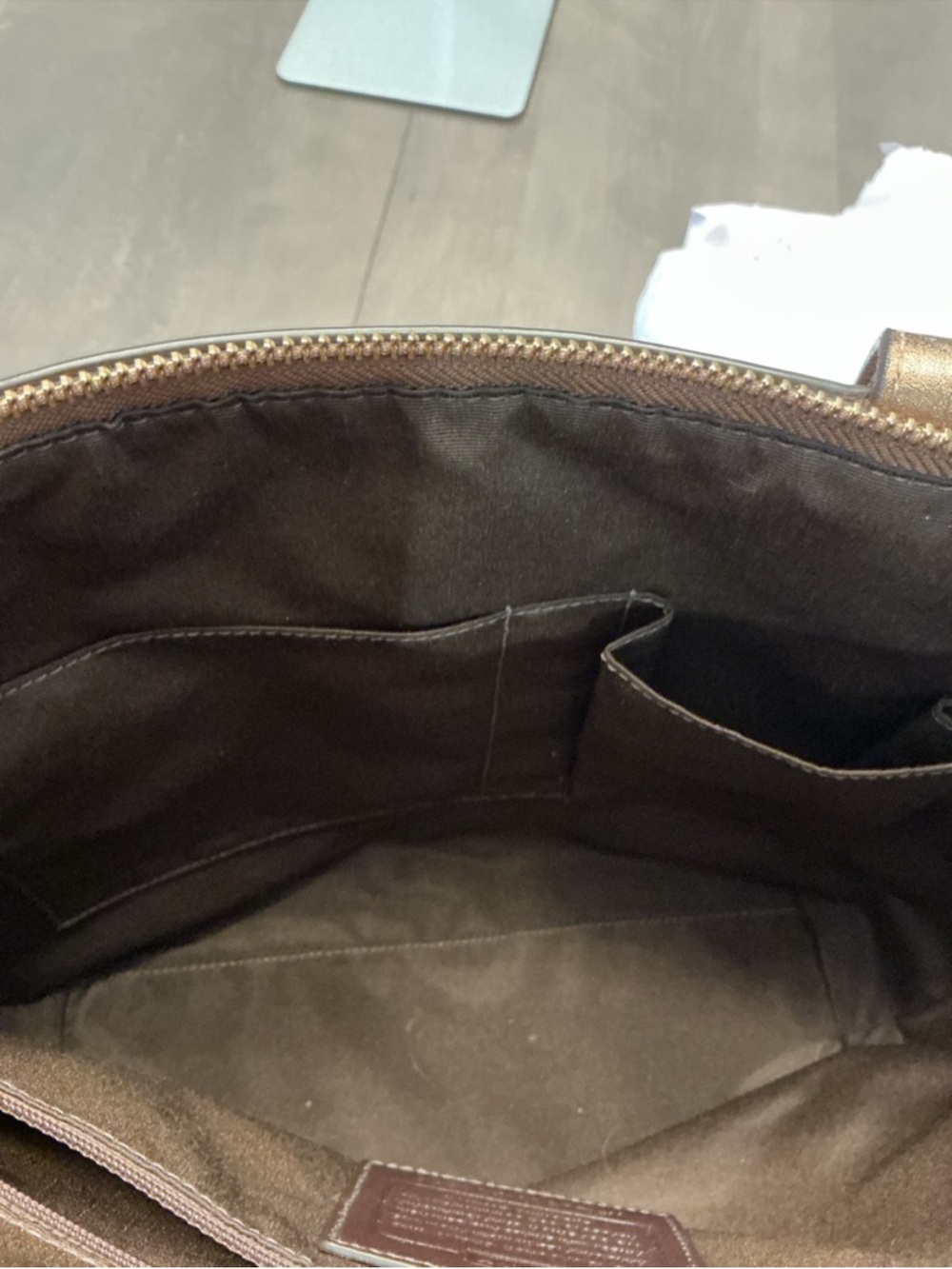 Coach Y2K Signature Stripe Tote Bag Dark Brown Metallic Bronze Trim F13548 EUC - Picture 9 of 10